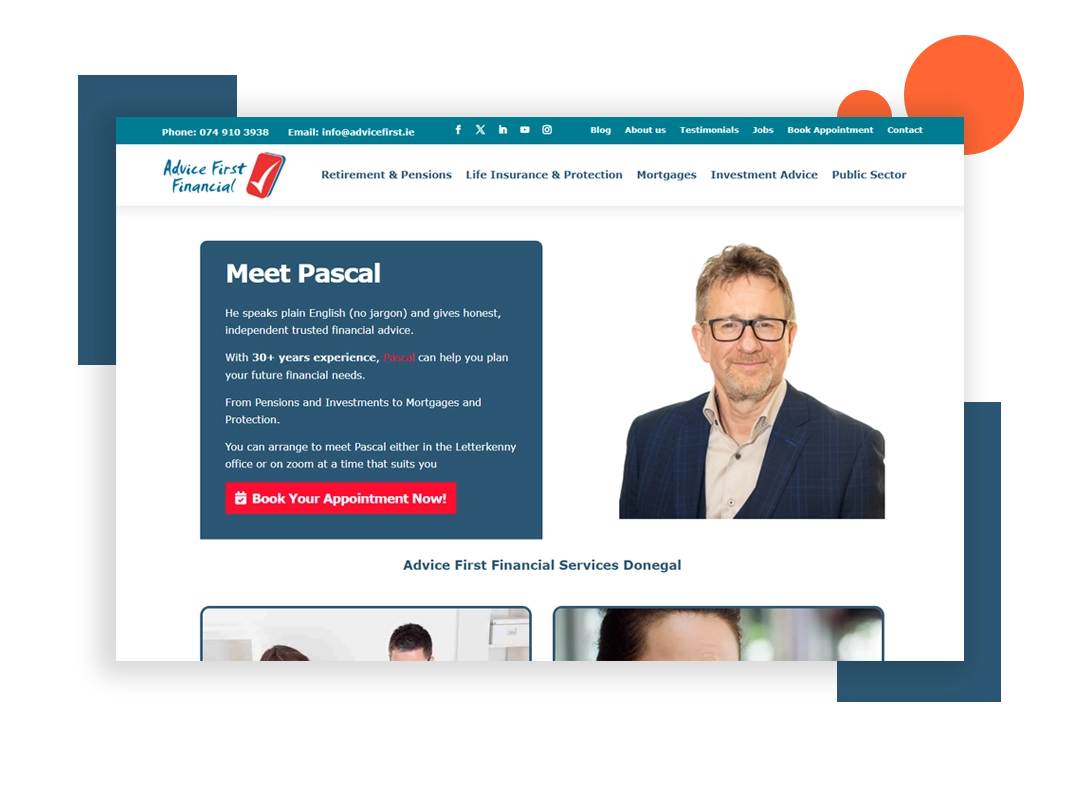 advisefirst-homepage-mockup-v2 Predictions 2025 How the Web Will Change Text Over Image of Hands Holding Tablet and Gadgets with MEANit logo.