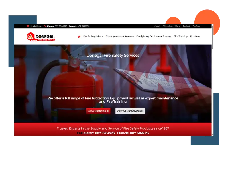 donegal-fire-safety-services-homepage-mockup-v2 Predictions 2025 How the Web Will Change Text Over Image of Hands Holding Tablet and Gadgets with MEANit logo.