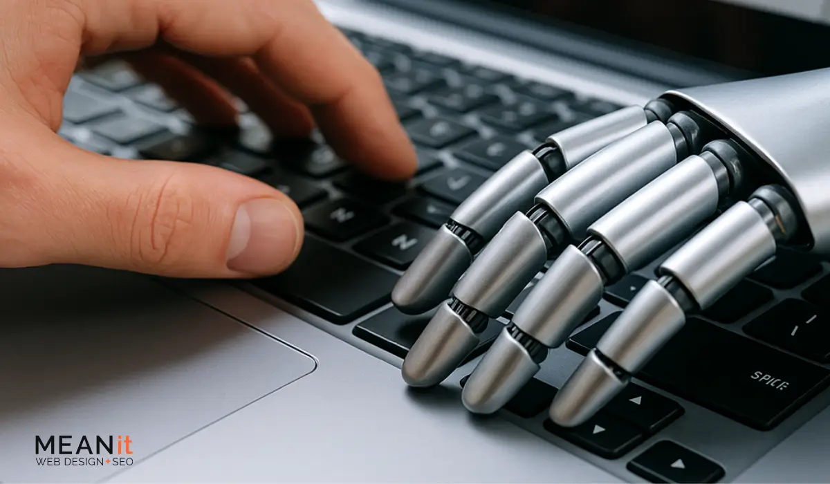 AI Content Creation Ireland – Human and AI Collaboration on Laptop | meanit.ie A close-up of a human hand and a metallic robot hand typing together on a modern MEANit.ie laptop keyboard, representing the collaboration between human creativity and artificial intelligence in content creation in Ireland.