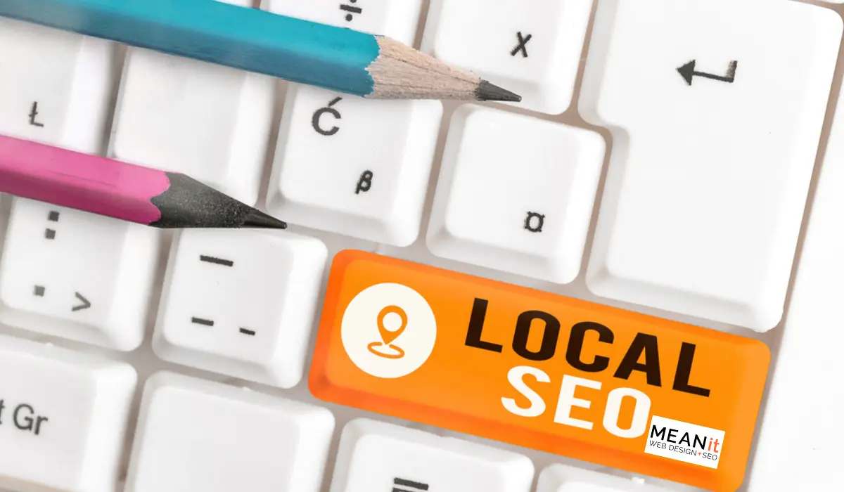 An orange keyboard key with the Meanit logo and the text "LOCAL SEO", illustrating local SEO services and tips for businesses in Dublin, Ireland.