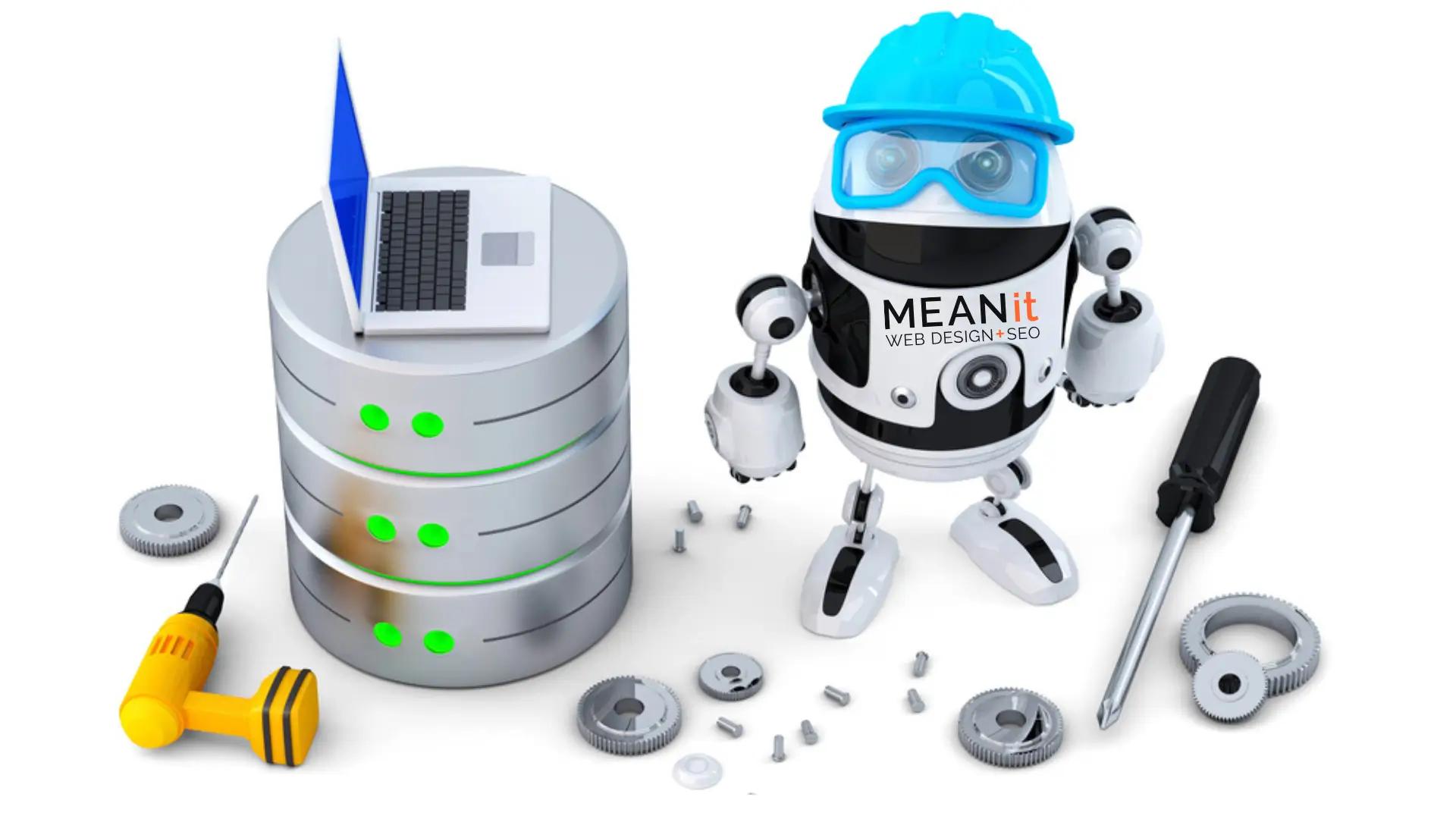 Website not working troubleshooting illustration | MEANit WEbsite Support Robot in a hard hat beside a server stack and laptop with tools, symbolising website not working and repair steps by MEANit