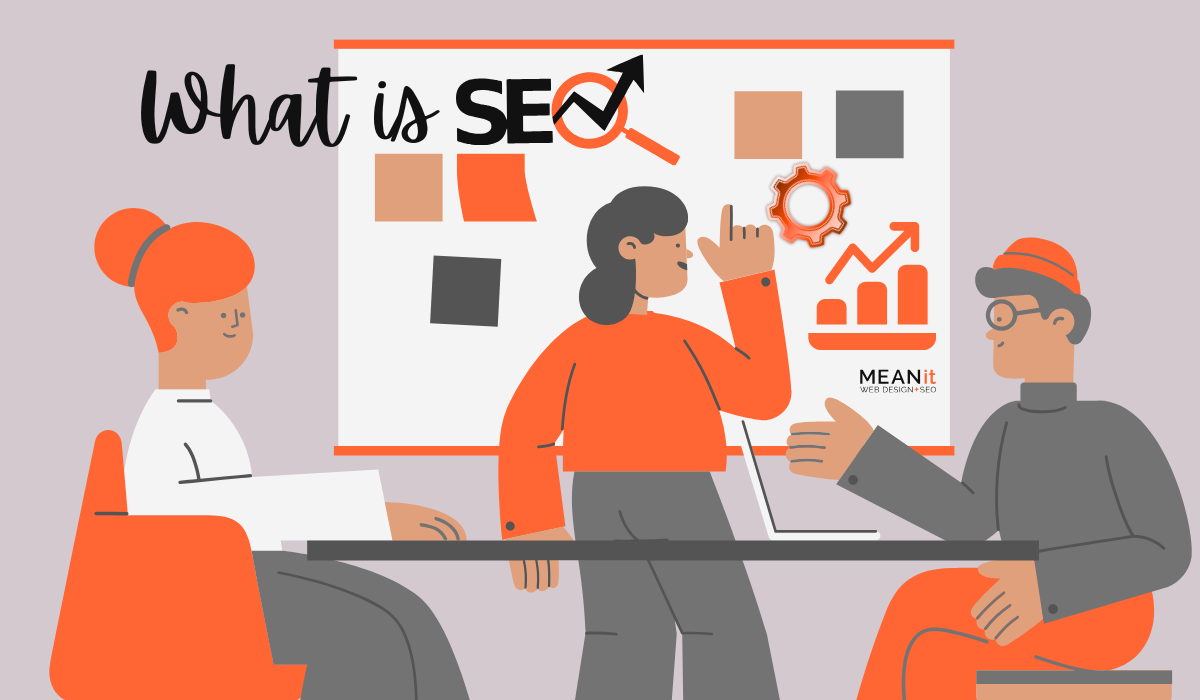 MEANit Team graphics discussing what is SEO with charts and graphs on a presentation board showing traffic increase & growth.