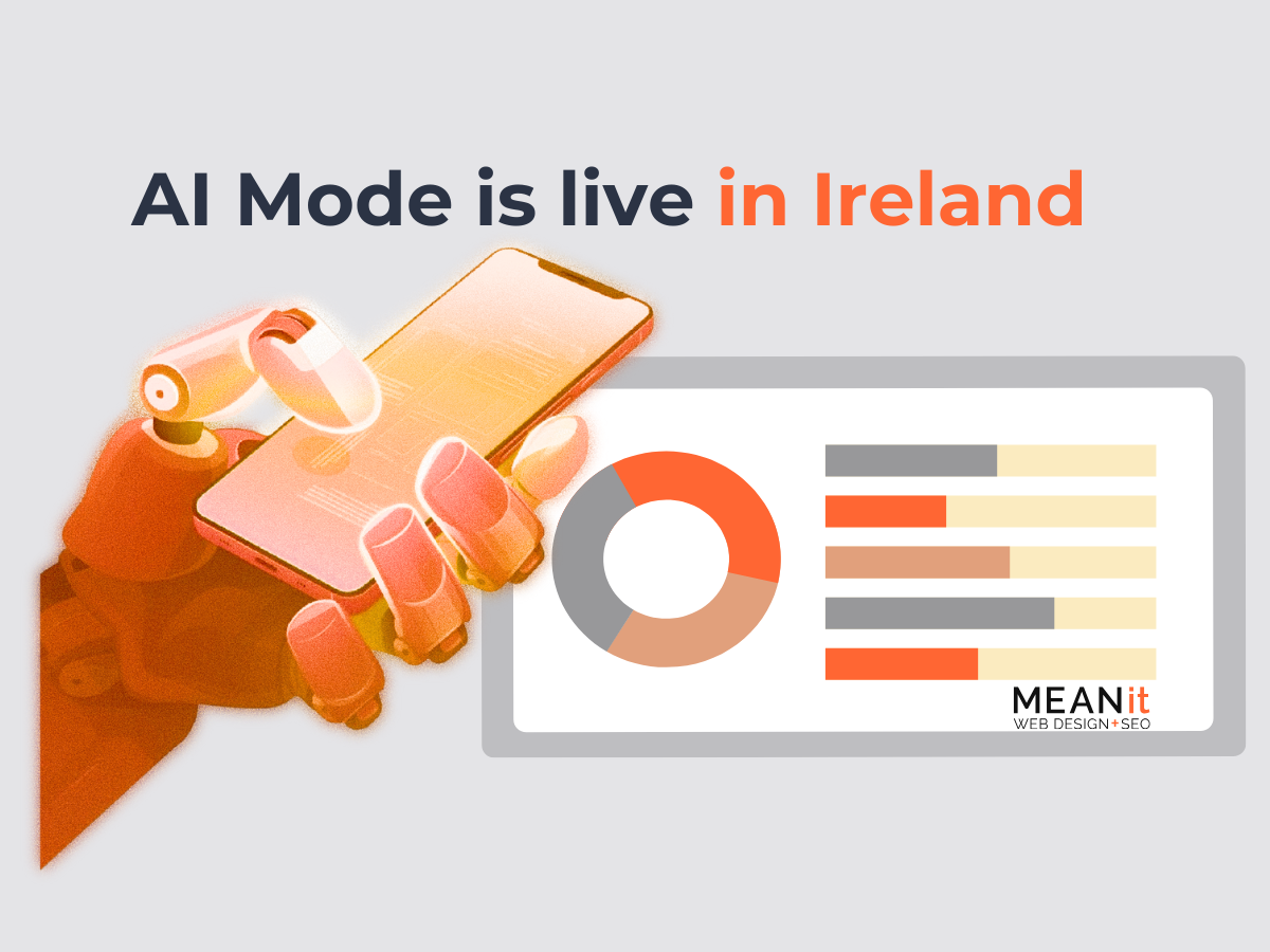 Robot hand holding smartphone with analytics dashboard showing AI Mode is live in Ireland by MEANit Web Design & SEO Agency
