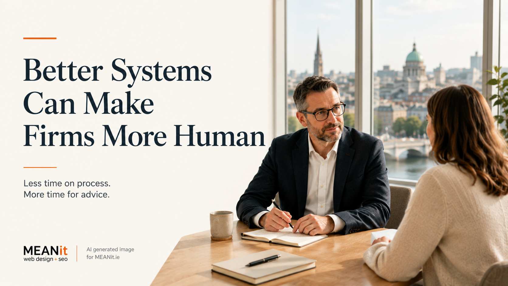 Financial adviser meeting a client in a bright Dublin office, illustrating how better systems create more time for human advice, trust and professional judgement