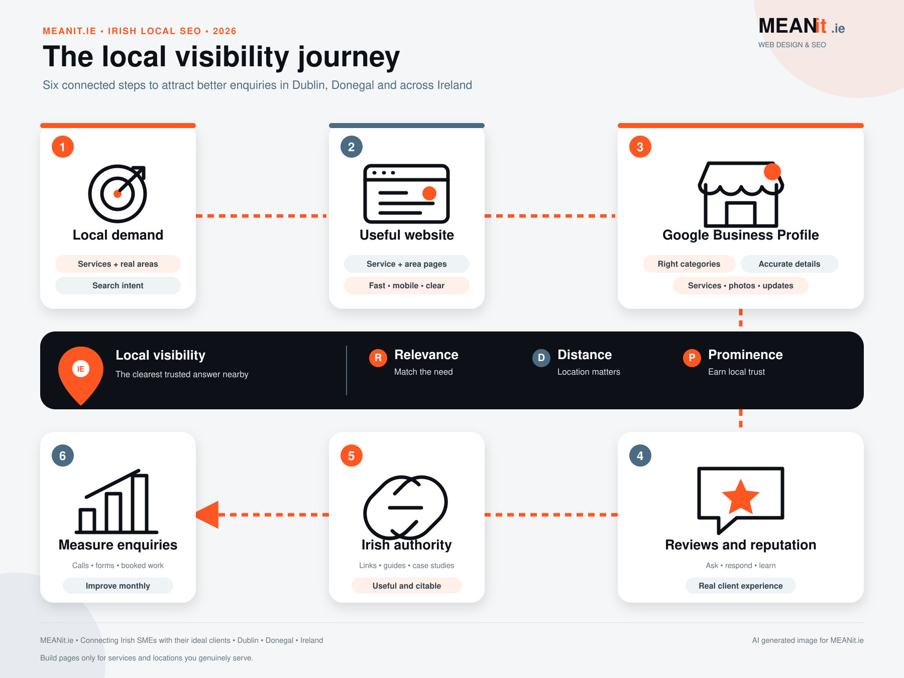 Irish local SEO roadmap showing six steps for improving website visibility and enquiries in Dublin and Donegal
